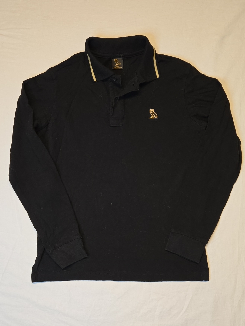 OVO October's Very Own Black Long Sleeve Polo Shirt with Gold Owl Logo